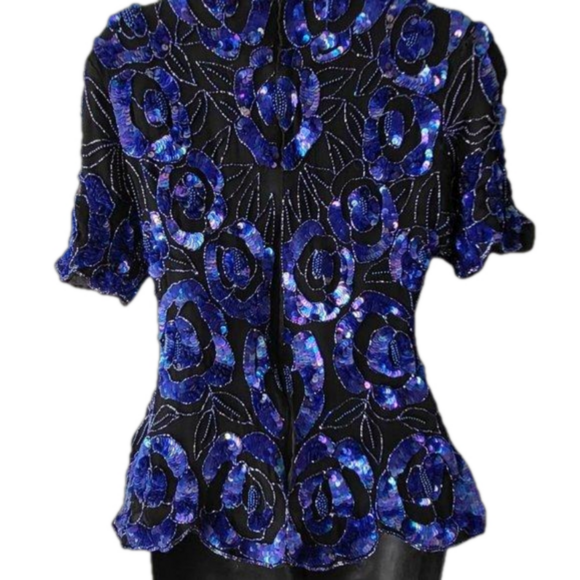 Vintage 1970s Iridescent/Opalescent Bluish Purple Bead Sequin Evening Top, Sz M - Picture 3 of 4